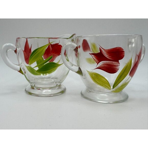 Vintage Bartlett Collins Cream & Sugar Red Tulips Gay Fad 50s Vintage - Picture 1 of 7